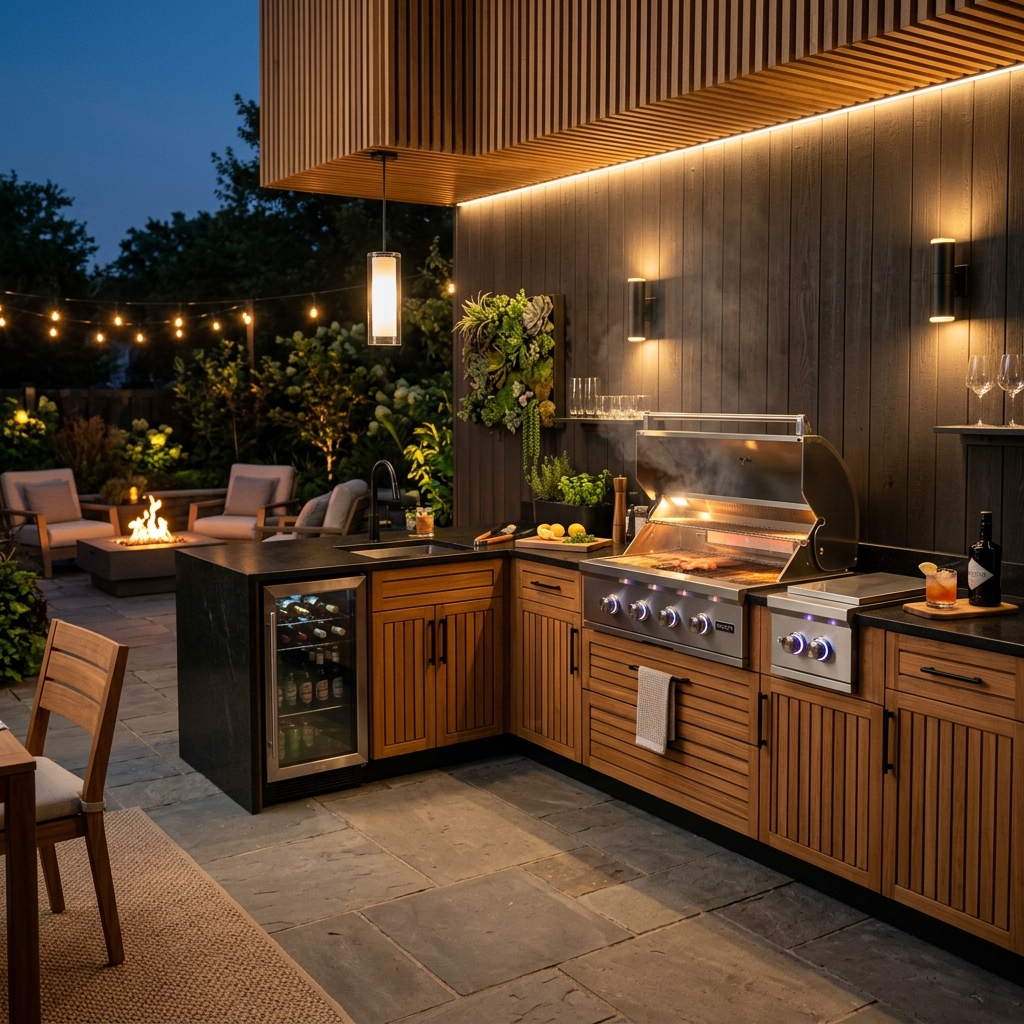 Modern L-shaped outdoor kitchen