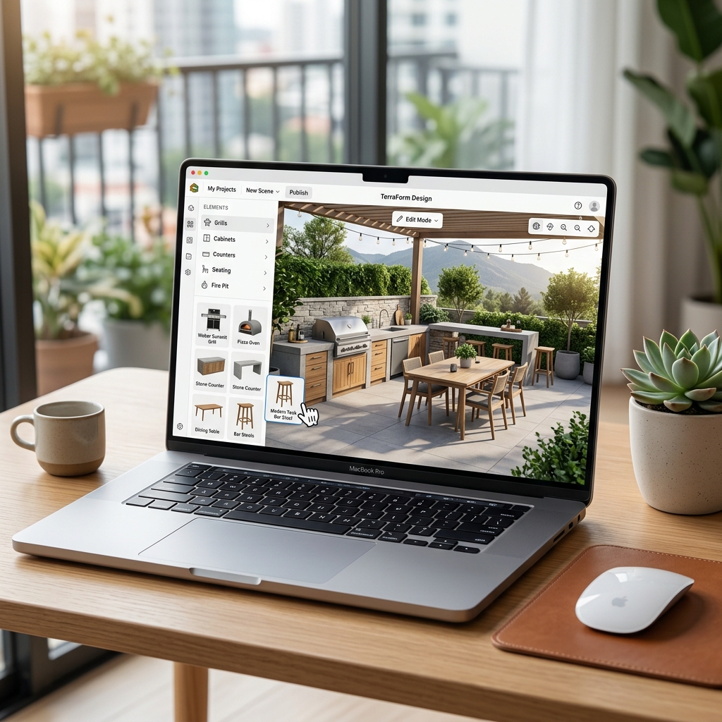 Laptop showing Darboni drag and drop outdoor kitchen designer
